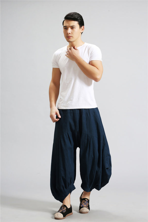 Men Casual New Style Loose Pure Color Cotton and Linen Hanging Crotch Pants