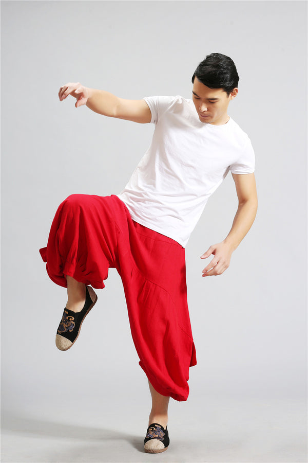 Men Casual New Style Loose Pure Color Cotton and Linen Hanging Crotch Pants