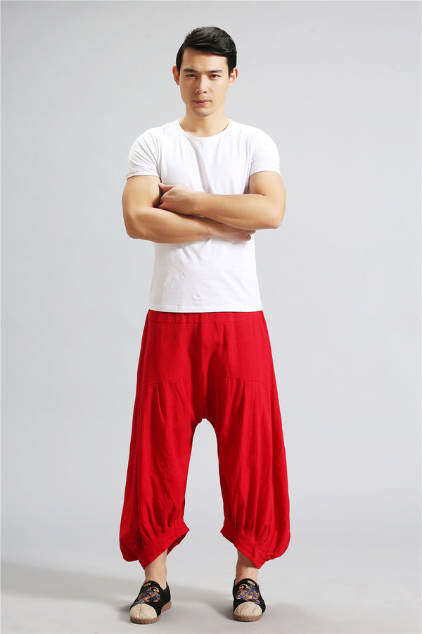 Men Casual New Style Loose Pure Color Cotton and Linen Hanging Crotch Pants