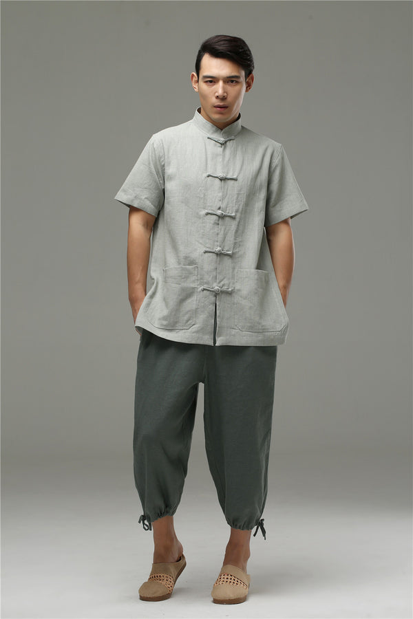 Men Casual Simple Pure Color Cotton and Linen Capri Pants