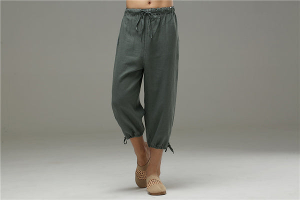 Men Casual Simple Pure Color Cotton and Linen Capri Pants