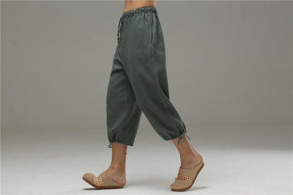 Men Casual Simple Pure Color Cotton and Linen Capri Pants