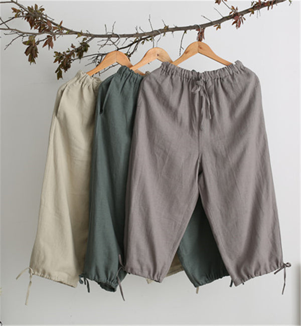 Men Casual Simple Pure Color Cotton and Linen Capri Pants