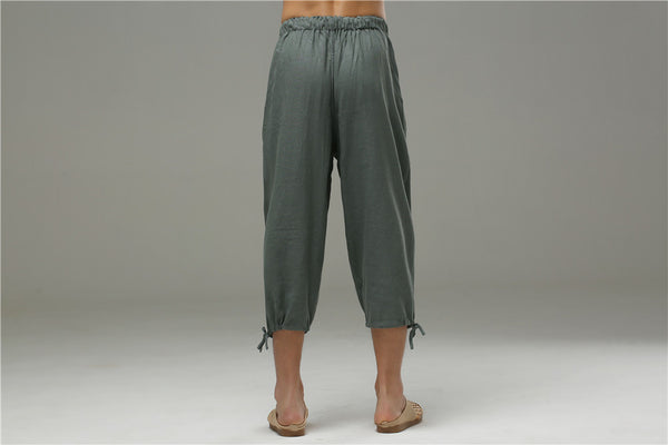 Men Casual Simple Pure Color Cotton and Linen Capri Pants