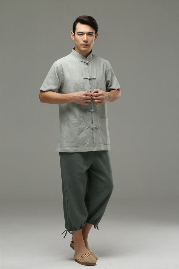 Men Casual Simple Pure Color Cotton and Linen Capri Pants
