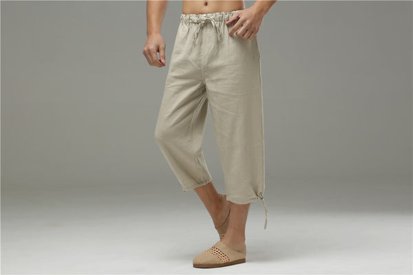 Men Casual Simple Pure Color Cotton and Linen Capri Pants