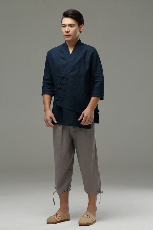 Men Casual Simple Pure Color Cotton and Linen Capri Pants