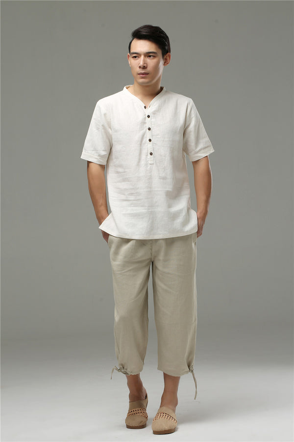 Men Casual Simple Pure Color Cotton and Linen Capri Pants