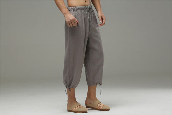 Men Casual Simple Pure Color Cotton and Linen Capri Pants