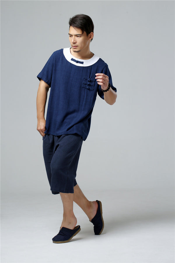 Men Asian Retro Style Round Neck Linen and Cotton Short Sleeve Tops