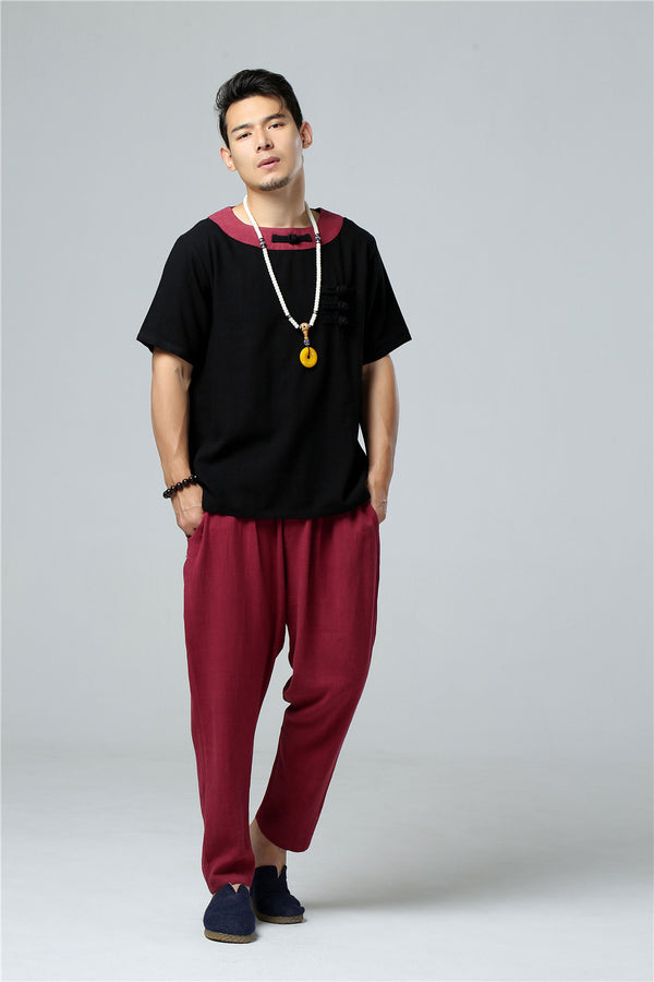 Men Asian Retro Style Round Neck Linen and Cotton Short Sleeve Tops