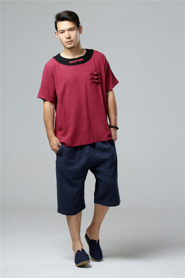 Men Asian Retro Style Round Neck Linen and Cotton Short Sleeve Tops