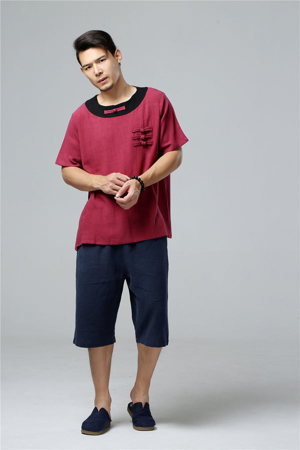 Men Asian Retro Style Round Neck Linen and Cotton Short Sleeve Tops
