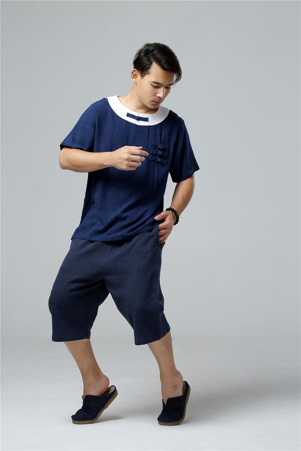 Men Asian Retro Style Round Neck Linen and Cotton Short Sleeve Tops