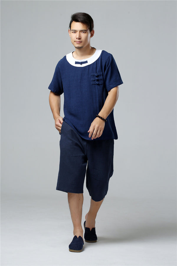 Men Asian Retro Style Round Neck Linen and Cotton Short Sleeve Tops