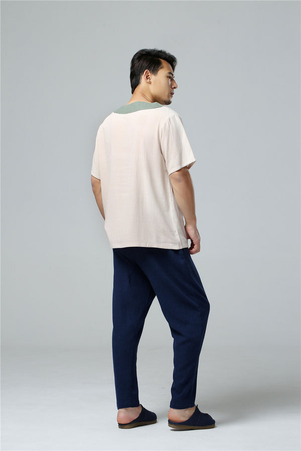 Men Asian Retro Style Round Neck Linen and Cotton Short Sleeve Tops