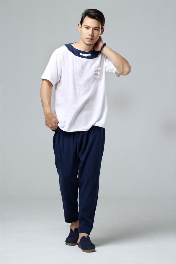 Men Asian Retro Style Round Neck Linen and Cotton Short Sleeve Tops