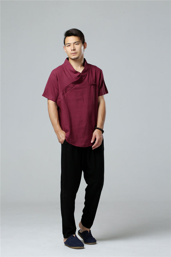 Men Simple Hanfu Style Short Sleeve Linen and Cotton T-shirt Tops