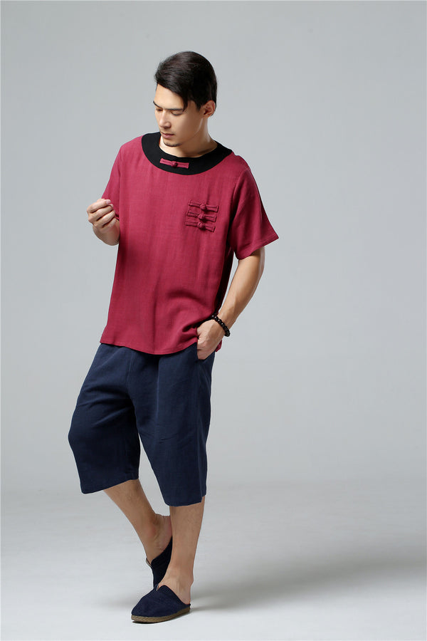 Men Asian Retro Style Round Neck Linen and Cotton Short Sleeve Tops