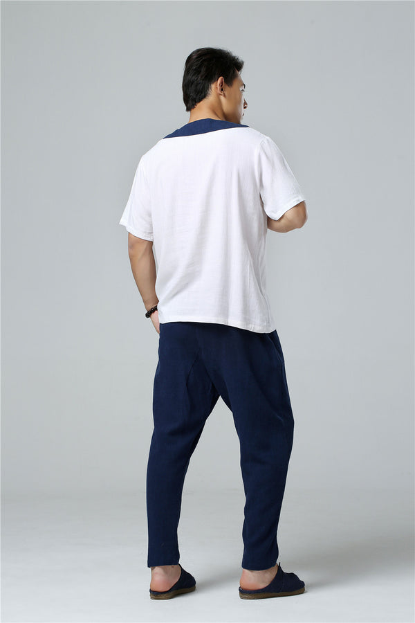 Men Asian Retro Style Round Neck Linen and Cotton Short Sleeve Tops