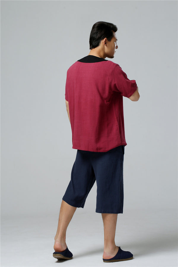 Men Asian Retro Style Round Neck Linen and Cotton Short Sleeve Tops