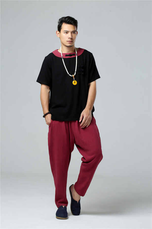 Men Asian Retro Style Round Neck Linen and Cotton Short Sleeve Tops