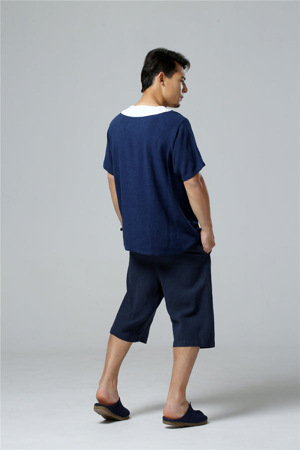 Men Asian Retro Style Round Neck Linen and Cotton Short Sleeve Tops