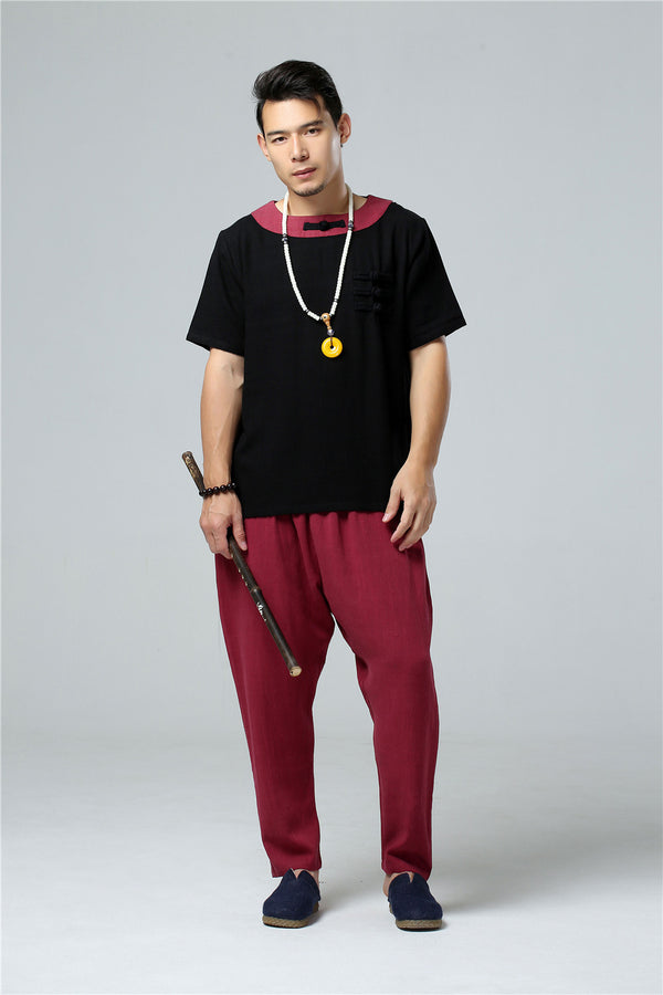 Men Asian Retro Style Round Neck Linen and Cotton Short Sleeve Tops