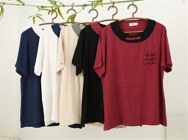 Men Asian Retro Style Round Neck Linen and Cotton Short Sleeve Tops