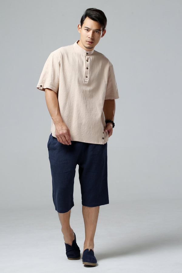 Men Causal Short Sleeved Linen and Cotton T-shirt Top
