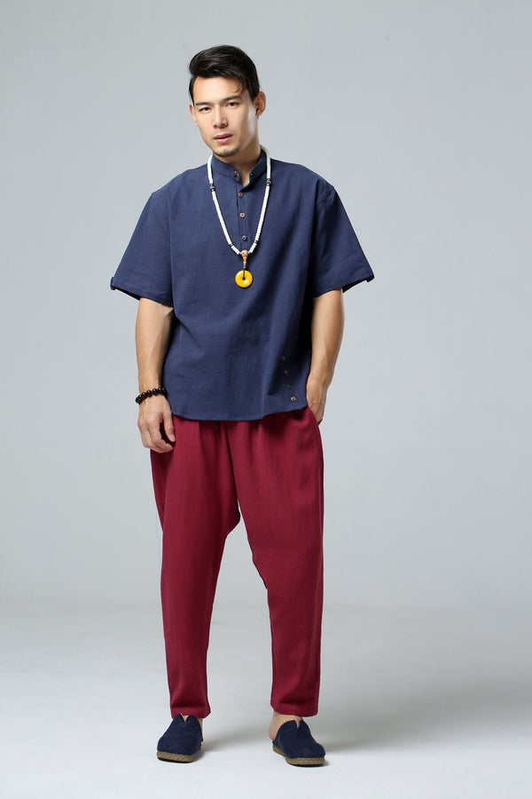 Men Causal Short Sleeved Linen and Cotton T-shirt Top