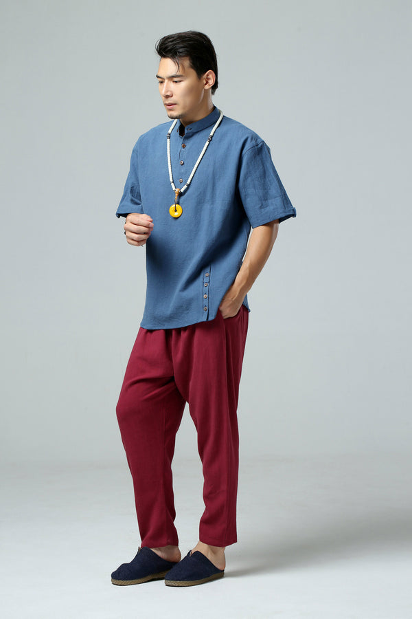 Men Causal Short Sleeved Linen and Cotton T-shirt Top