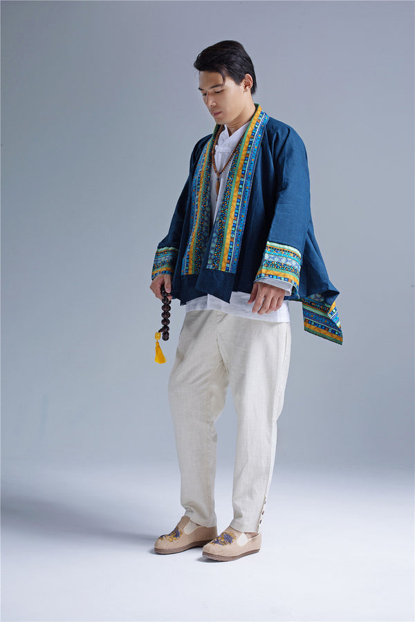 Men Retro Chinese Folk Style Linen and Cotton Poncho