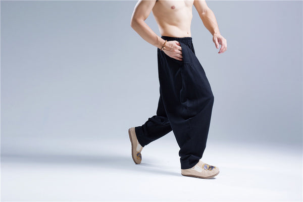 Men New Style Loose Pure Color Linen Hanging Crotch Pants