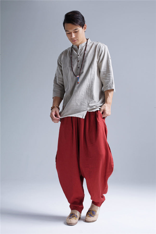 Men New Style Loose Pure Color Linen Hanging Crotch Pants