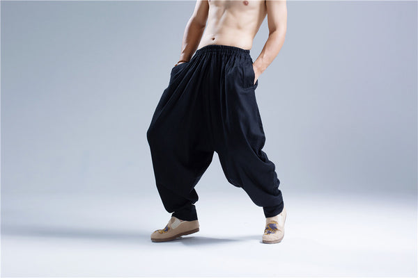 Men New Style Loose Pure Color Linen Hanging Crotch Pants