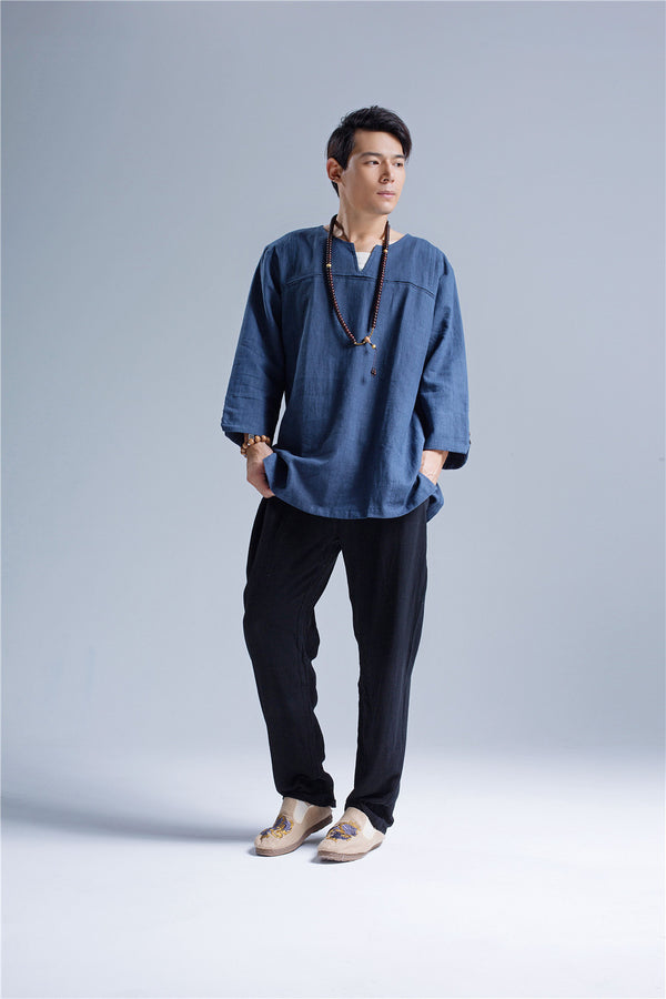 Men Pullover V-neck Linen and Cotton T-shirts Tops