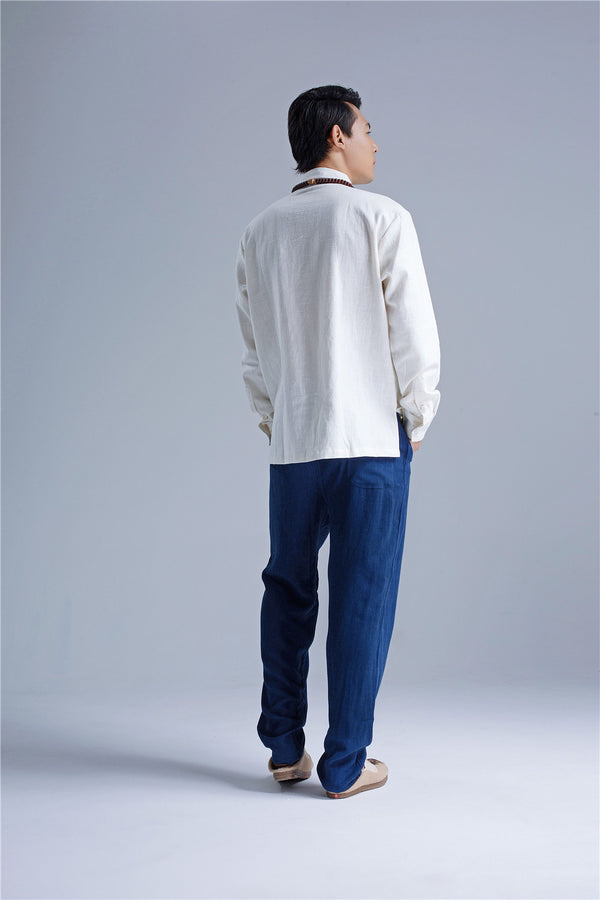 Men Asian Hanfu Style Linen and Cotton Shirt Top