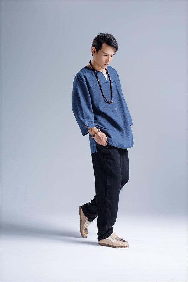 Men Pullover V-neck Linen and Cotton T-shirts Tops