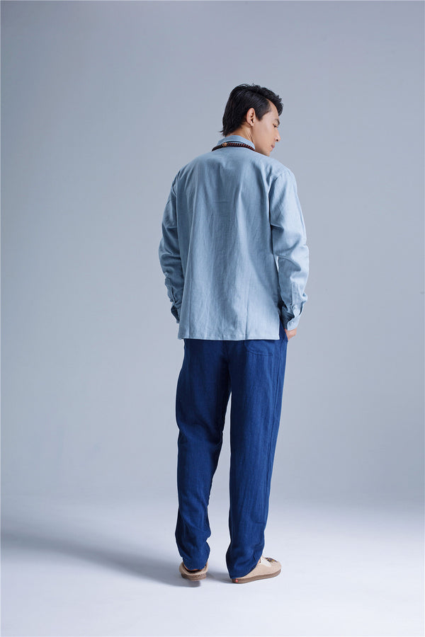 Men Asian Hanfu Style Linen and Cotton Shirt Top