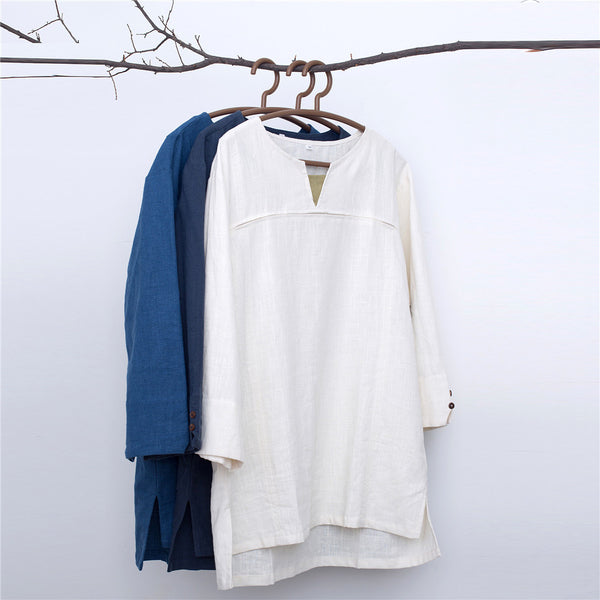 Men Pullover V-neck Linen and Cotton T-shirts Tops