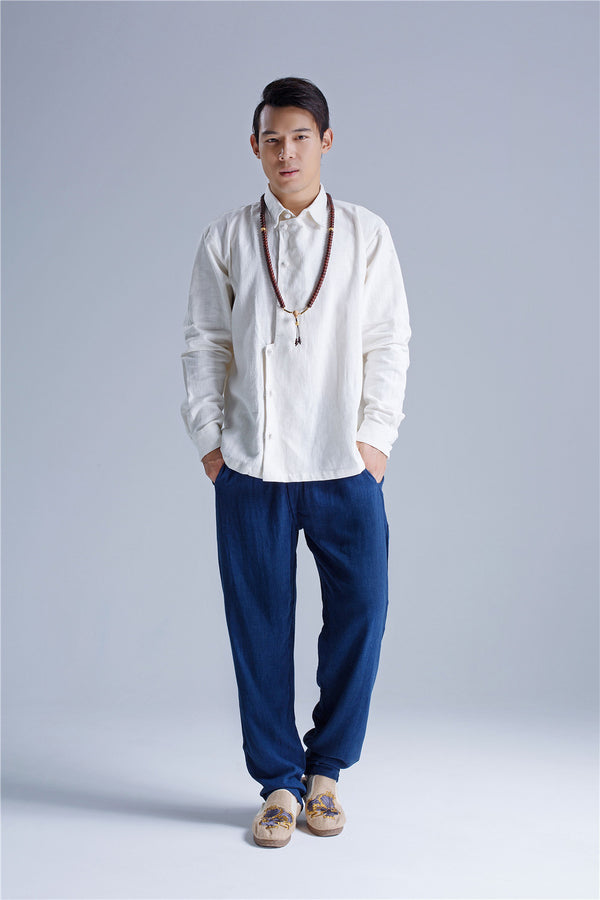Men Asian Hanfu Style Linen and Cotton Shirt Top