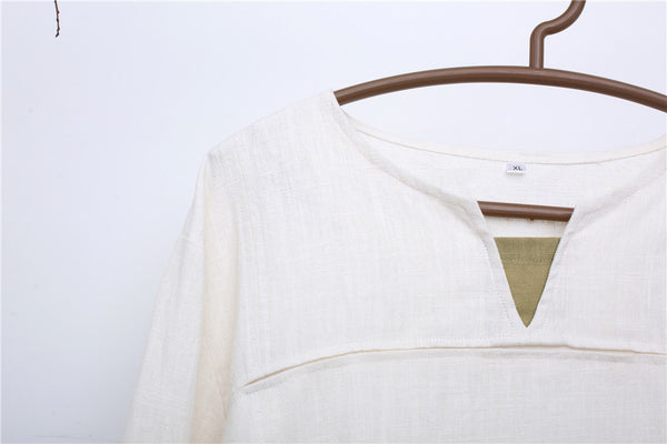 Men Pullover V-neck Linen and Cotton T-shirts Tops