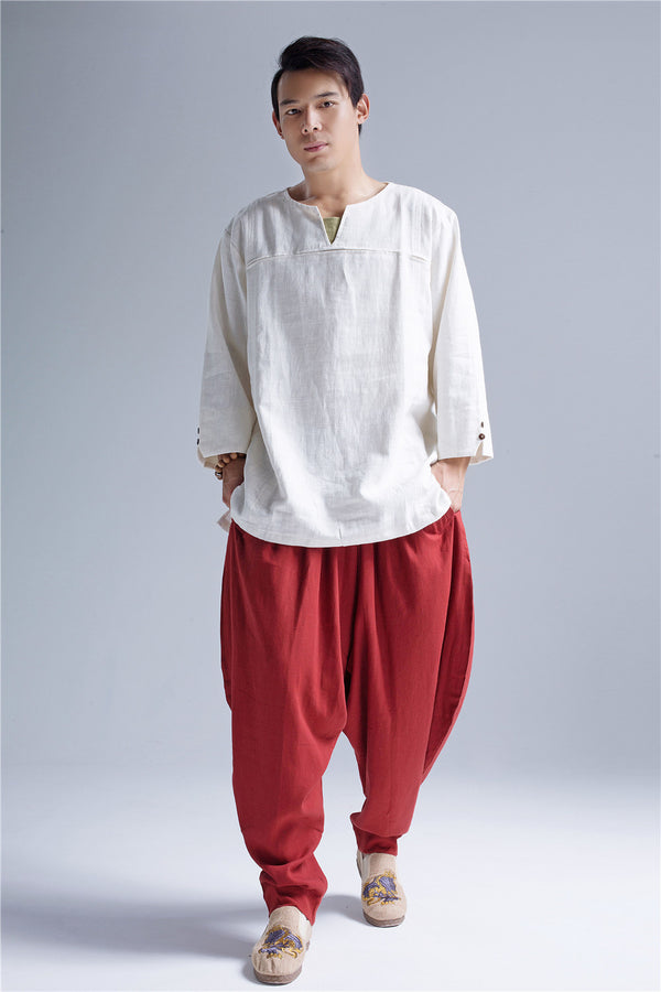 Men Pullover V-neck Linen and Cotton T-shirts Tops
