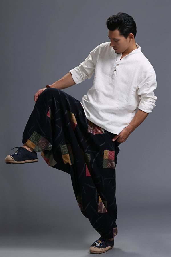 Men Casual Loose Cotton and Linen Printed Hanging Crotch Yoga Pants