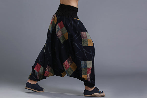 Men Casual Loose Cotton and Linen Printed Hanging Crotch Yoga Pants