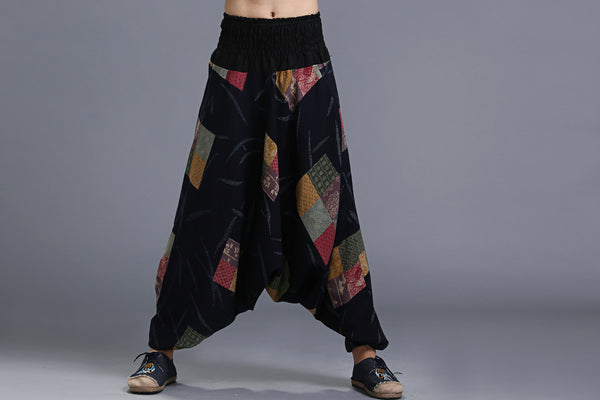 Men Casual Loose Cotton and Linen Printed Hanging Crotch Yoga Pants