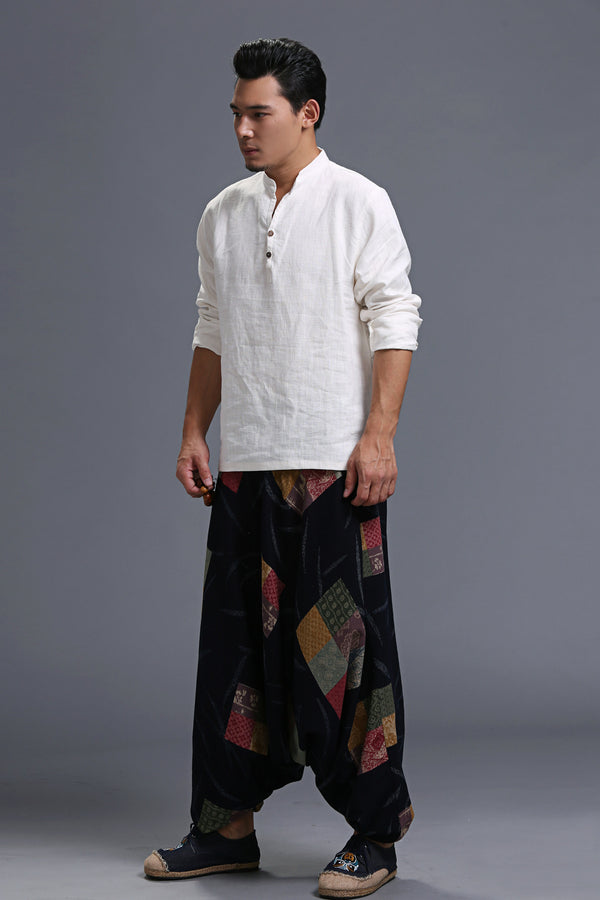Men Casual Loose Cotton and Linen Printed Hanging Crotch Yoga Pants