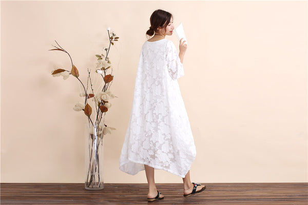 Women Zen Style Causal Round-neck Long Loose Tea Length Dress