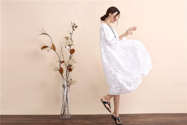 Women Zen Style Causal Round-neck Long Loose Tea Length Dress